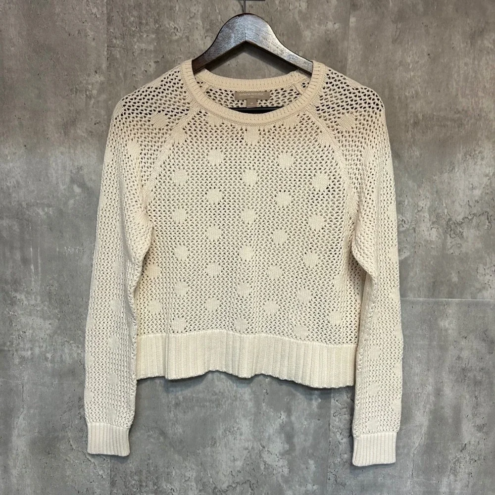 Banana Republic Cream Cotton Open Knit Polka Dot Pointelle Sweater Womens M Boho
